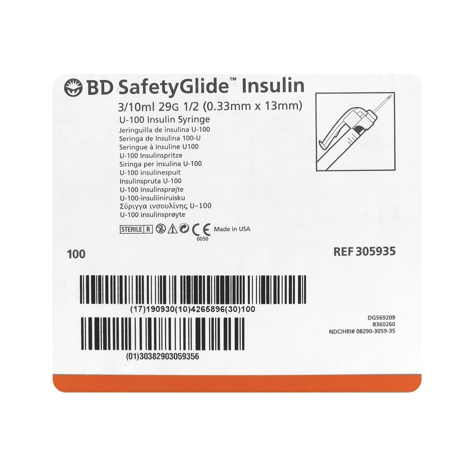 0 3cc Insulin Syringe 29G X 1 2 Safety BD SafetyGlide 100 Box