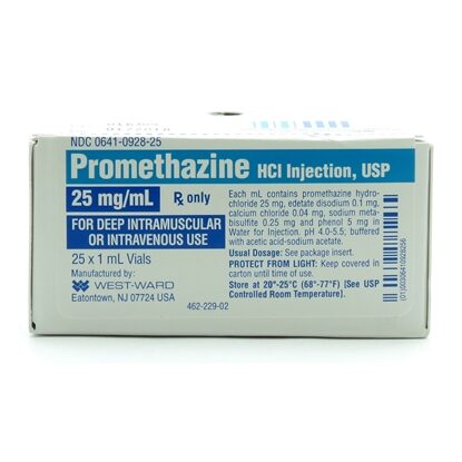 Promethazine HCl Injection 25 mg/mL, Single Dose Vial 1 mL, 25/Tray