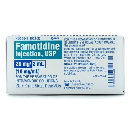 Famotidine Injection 10 mg/mL, Single Dose Vial 2 mL, 25/Tray