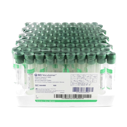 Vacutainer® Green Blood Collection Tube with Sodium Heparin, 16 x 100 mm, 10mL, 100/Package