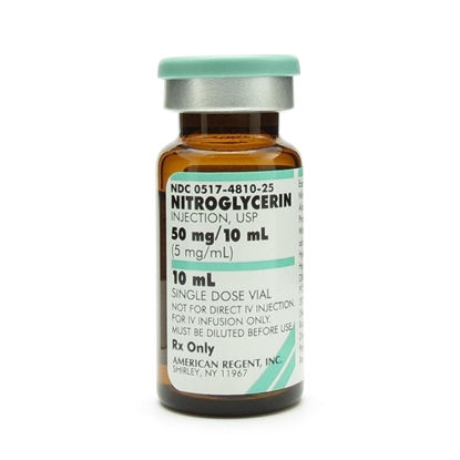 Nitroglycerin Injection 5 mg/mL, Single Dose Vial 10 mL, 25/Tray