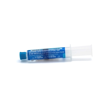 Heparin Lock Flush, 10u/mL, SD Needleless, 5mL in 12mL Syringe, 60 Syringes/Box