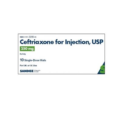 Ceftriaxone 250 mg, Single Dose Vial, 10/Tray