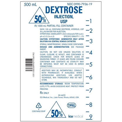 50% Dextrose IV Solution Injection, 500 mL in 1000 mL Partial-Fill Bag, Latex-free, 12/Case