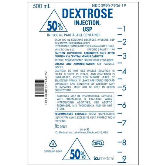 50 Dextrose IV Solution Injection 500 mL in 1000 mL PartialFill Bag Sterile 12Case