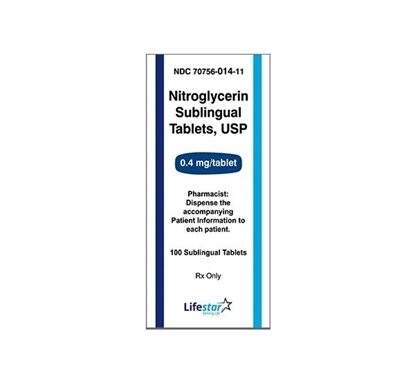 Nitroglycerin 0.4mg, Sublingual, 100 Tablets/Bottle