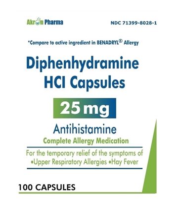 Diphenhydramine HCl (Generic for Benadryl), 25mg, 100 Capsules/Bottle