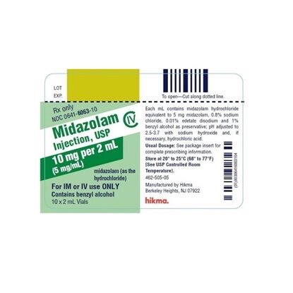 Midazolam Injection 5 mg/mL, Multiple Dose Vial 2 mL, 10/Tray