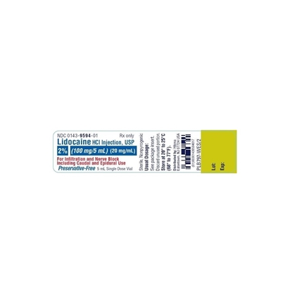 2% Lidocaine HCl Injection 20 mg/mL, Single Dose Vial 5mL, 25/Tray