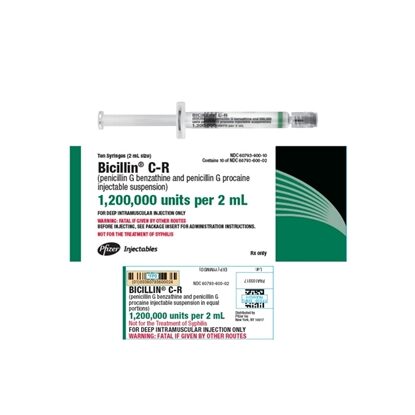 Bicillin C-R® Penicillin G Benzathine and Penicillin G Procaine Injection 1.2 MMU, Prefilled Syringe 2 mL, 10/Tray