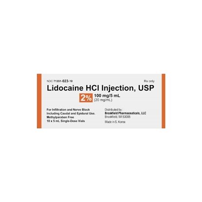 2% Lidocaine HCl Injection 20 mg/mL, Single Dose Vial 5mL, 10/Tray